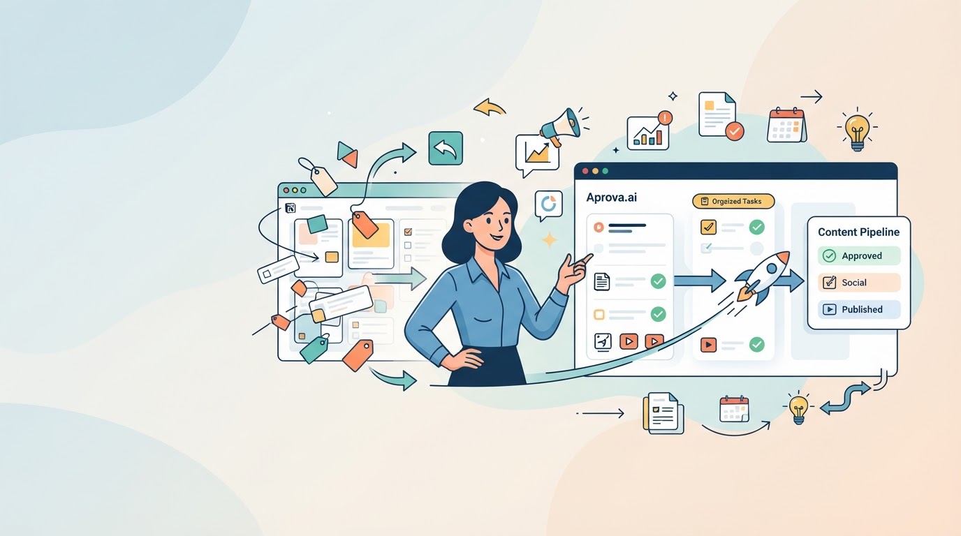 Cansado de organizar demandas de marketing no Notion? Veja por que o Aprova.ai é mais rápido para agências de conteúdo